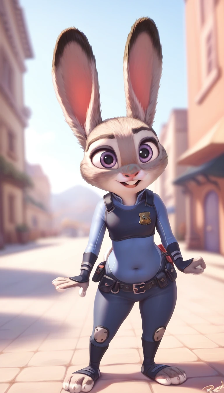 female,  judyhopps, ((slim judy hopps)), (front view), (cinematic lighting), backlighting, (shaded), detailed background, by dagasi, (by personalami), [by Ruan Jia],((full body)), tight clothes, (solo), photorealistic, hyperrealistic,(((thick body))),((chubby)), thick body 