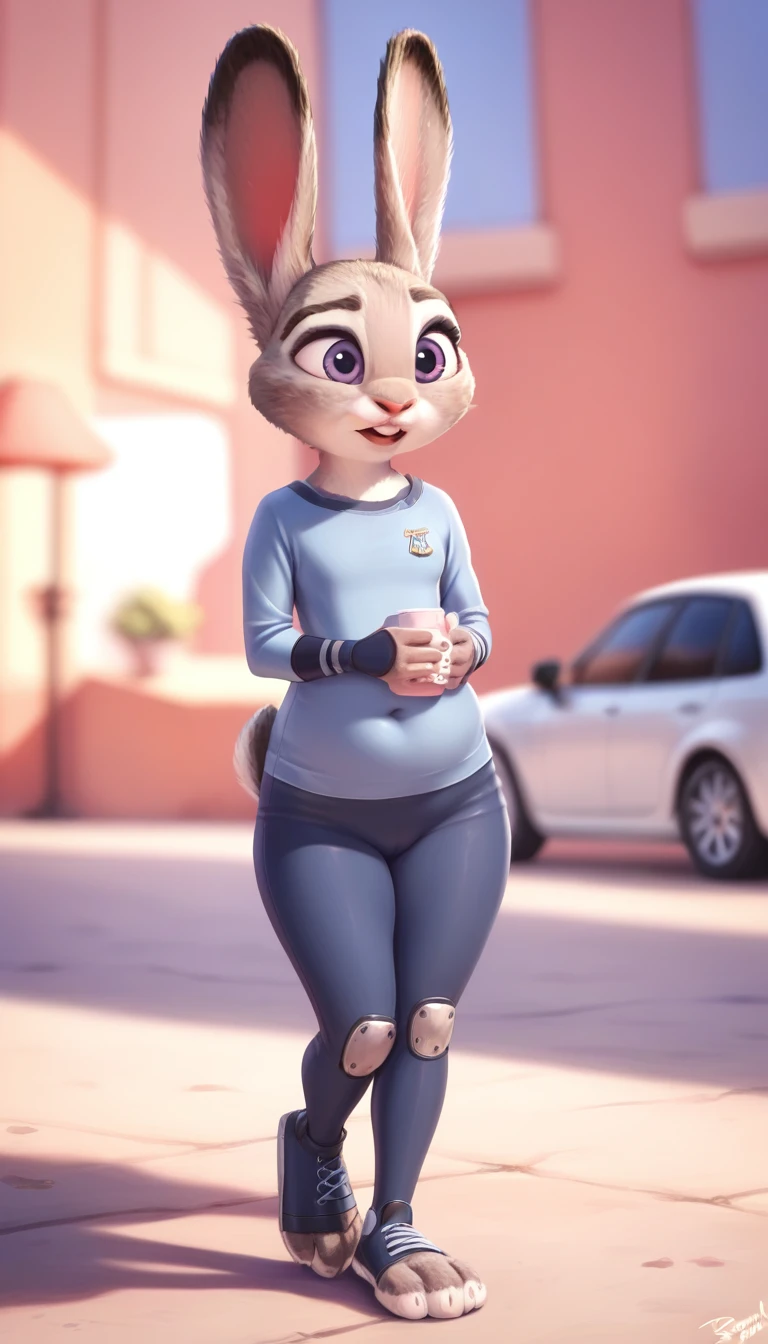 female,  judyhopps, ((slim judy hopps)), (front view), (cinematic lighting), backlighting, (shaded), detailed background, by dagasi, (by personalami), [by Ruan Jia],((full body)), tight clothes, (solo), photorealistic, hyperrealistic,(((thick body))),((chubby)), thick body 