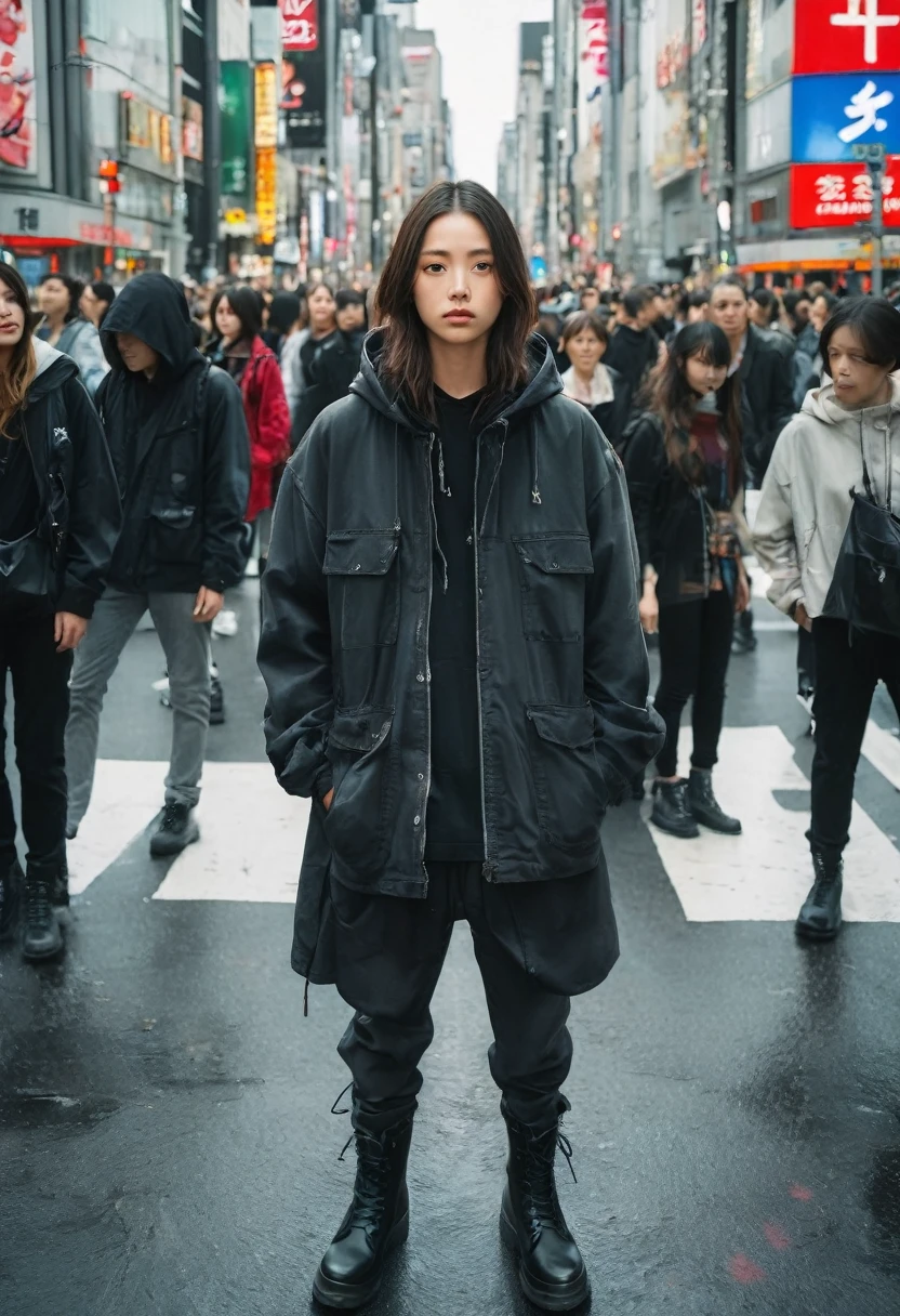 Extreme high angle photo shot, professional model, standard body height,  (human to human ratio 1:1) standing on a crosswalk center inspired by Shibuya scramble, stare into the camera, wearing black washing safari long jacket with black hoodie, black cargo pants, dark grey boots, people with various color clothing, crowded street realistic photographs
