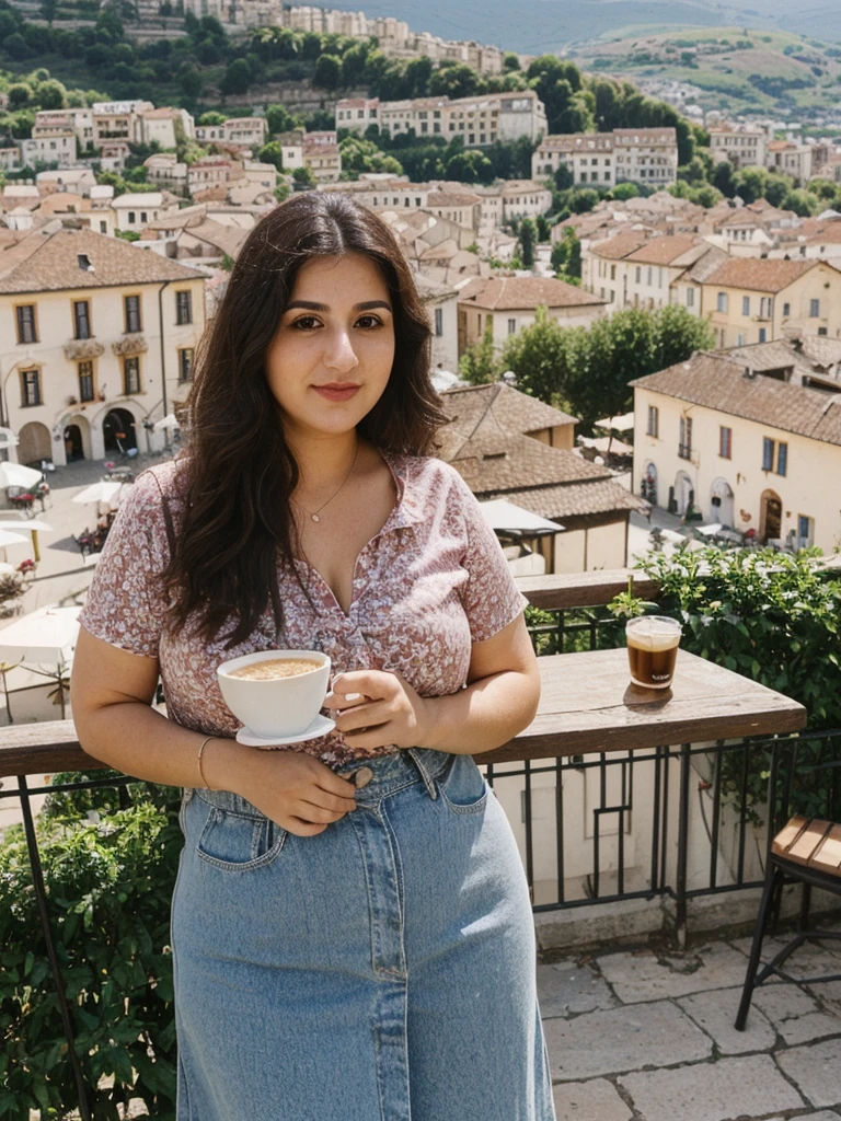 Caseyli, 1girl, solo, 30 years old, (((Georgian face))), (((Georgian nose))), (((Georgian lips))), ((((chubby)))), (((wide hips))), (((dark blonde hair))), wavy medium hair, wearing stylish Generation Z wear, ((Background: overlooking a café in a village square))