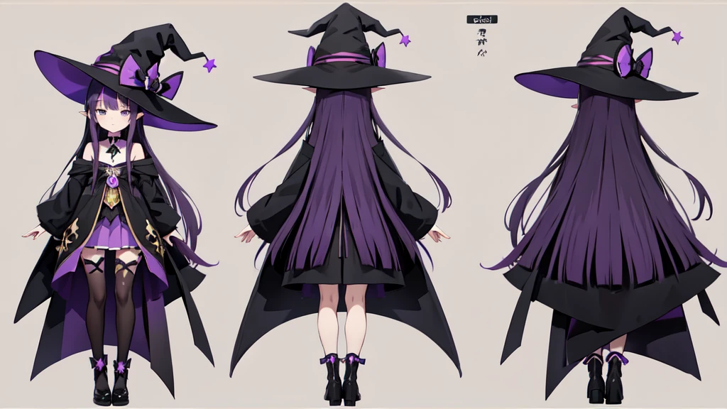 Anime girl with long purple hair and black robe. Witch hat. Pointy ears. Cute as a cartoon. Back view. Full body facing backwards. The whole body is visible.