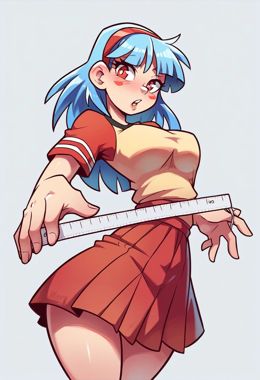 My name is Yukiko., I am a white test ,with light blue  hair, red eyes and I am 138 cm tall and weigh 34 kg. My breasts measure 160 cm, my waist measures 20 cm and my hips measure 60 cm. Dressed in a pink blouse and short red skirt . With breasts 160 cm