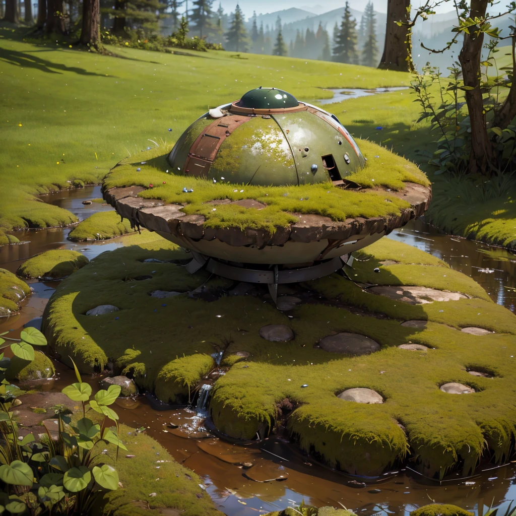 a rusty, moss-covered UFO flying saucer stuck in the grass on a rocky area with puddles
