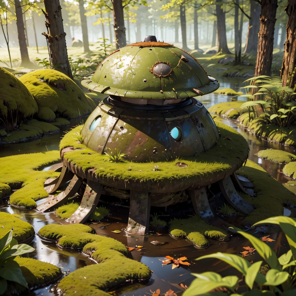 a rusty, moss-covered UFO flying saucer stuck in the grass on a rocky area with puddles