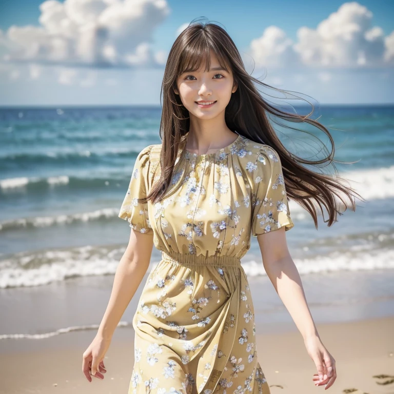 (Calm and gentle look:1.5), (Full Body Shot:1.3), (panorama:1.8), Cinema Lighting, ((Highest quality)), (RAW Photos, Highest quality), ( Realistic:1.4), realism, masterpiece, Very delicate and beautiful, Very detailed, 4K wallpaper, wonderful, finely, Very detailed CG unity 8k wallpaper, Very detailed, High resolution, Soft Light, Japanese, (one shot:1.9), (22 years old:1.6), (Round face:1.2), (Fat:0.8), (A neat and clean woman:1.5), Beautiful detailed woman,Famous Japanese actresses, Detailed face, finelyて美しい目, Very detailedな目と顔, Beautiful eyes and a beautifully detailed nose, Ultra HD glossy lips, (Straight Hair:1.4), Shiny Hair, Shiny Hair, Brown Hair, (bangs:1.4), Long, slender legs, Toned body, (Smiling:1.4), Natural Makeup, (LET IT PASS, floral pattern, Pale yellow, Short sleeve dress:1.8), (A very intricate and elaborately decorated dress:1.3), Accentuate your body lines, (pumps:1.2), (A model poses at the edge of the beach:1.4), (Deep blue midsummer sky, cumulonimbus, The ocean with a wide horizon:1.3), (Hair and skirt fluttering in the wind:1.5),