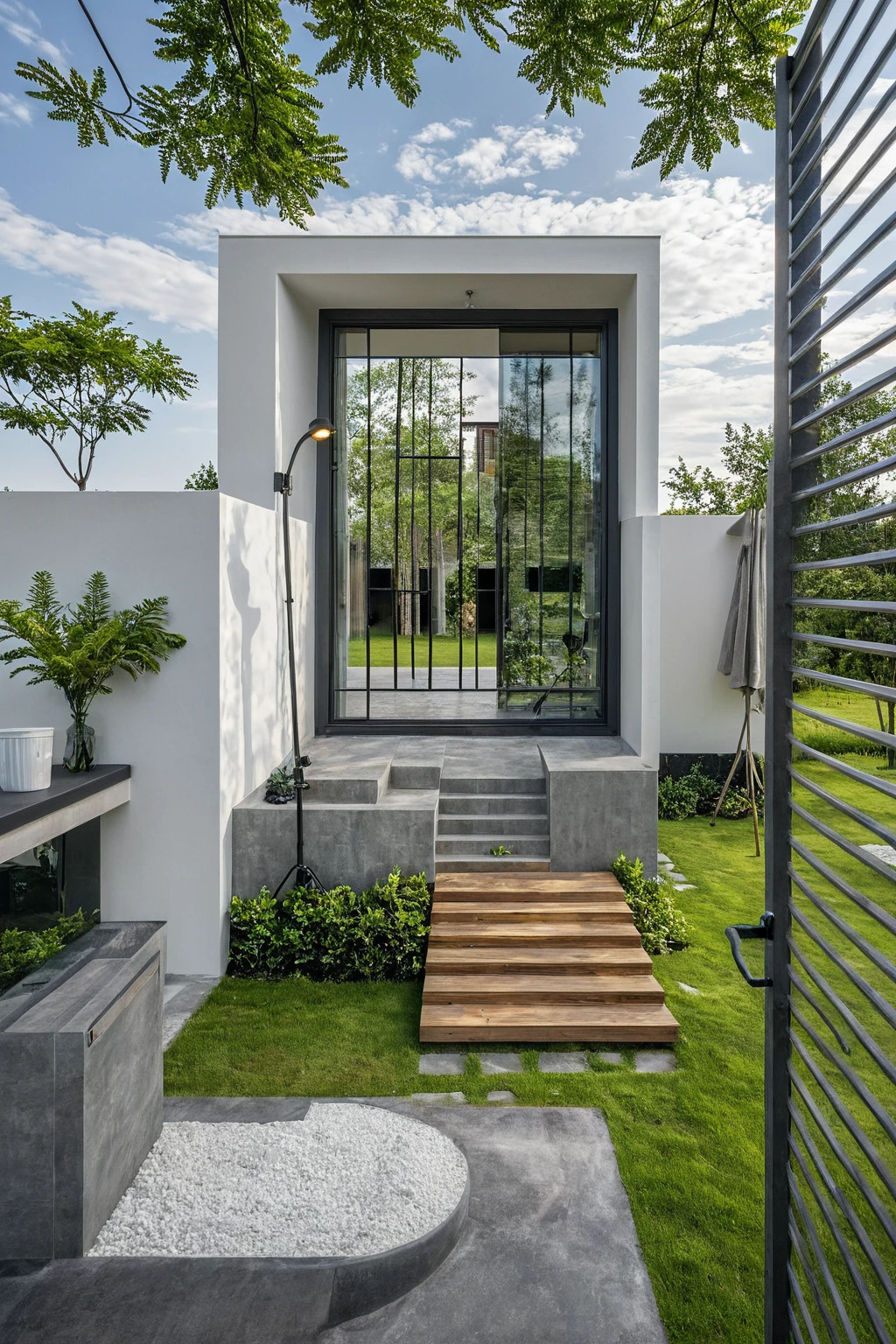 Masterpiece, high quality, best quality, authentic, super detail, outdoors, onestoreyvillaXL, aiaigroup, house style modern on the street ,stairs, white wall ,road,pavement, grass, trees, sky, cloud, (daylight:1.1)