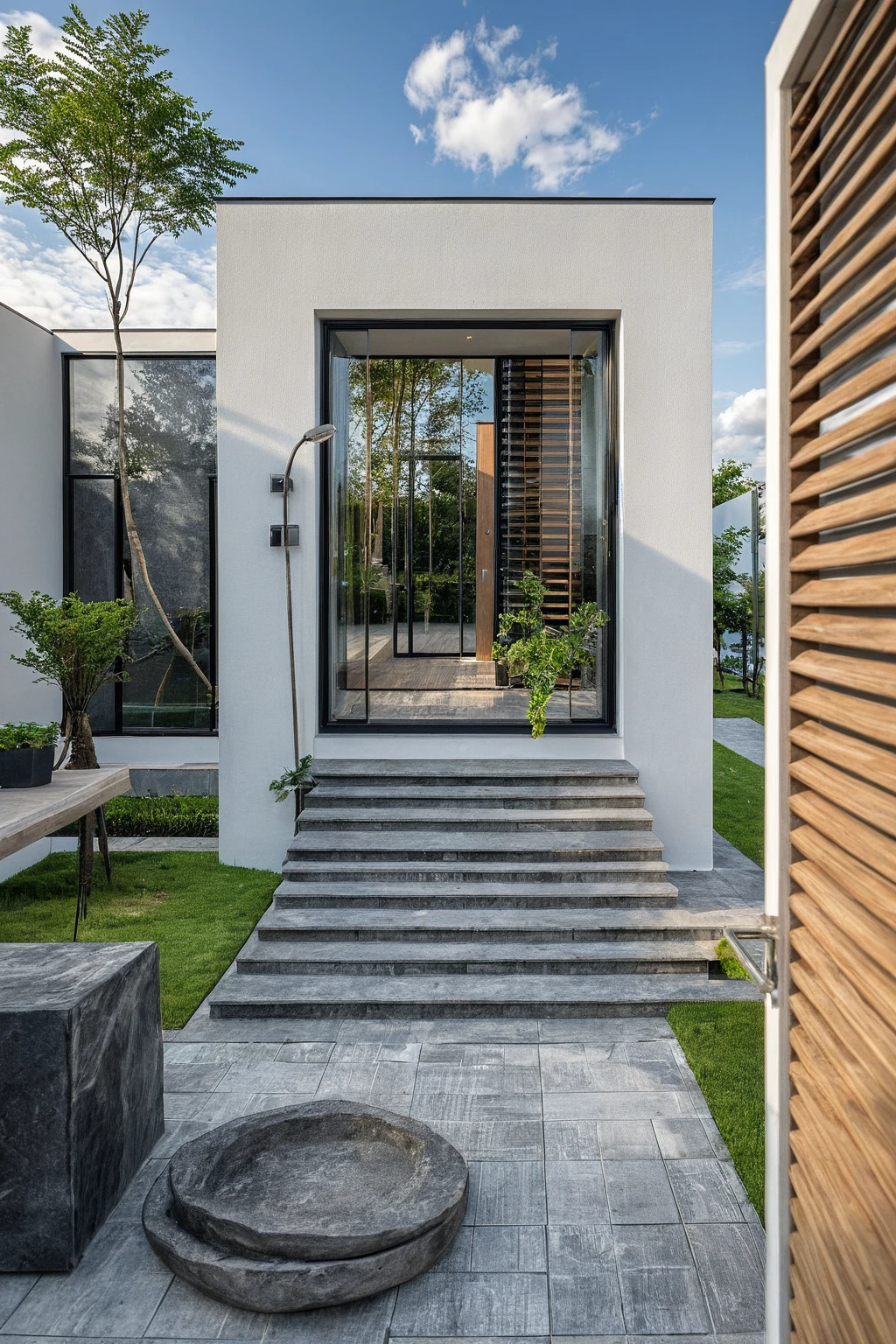 Masterpiece, high quality, best quality, authentic, super detail, outdoors, onestoreyvillaXL, aiaigroup, house style modern on the street ,stairs, white wall ,road,pavement, grass, trees, sky, cloud, (daylight:1.1)
