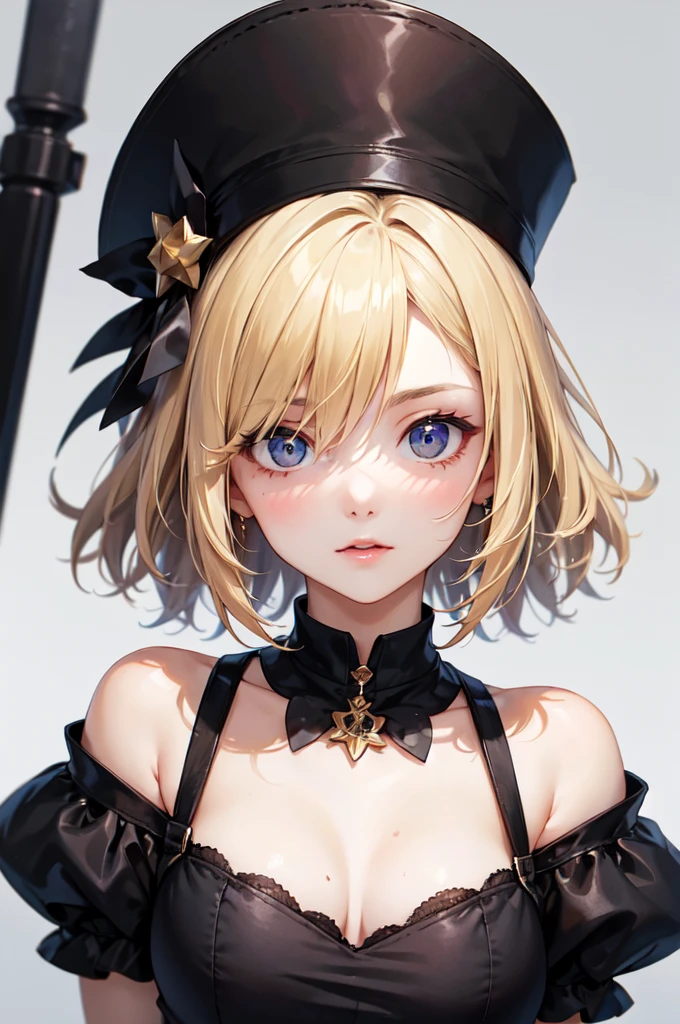 European girl portrait,alone,20-year-old,Beautiful Face,Upper Body,Hair on one eye,Medium Sidecut, Blonde, Sharp focus,Black T-shirt、Tight Skirt、High heels、Highest quality、masterpiece、masterpiece