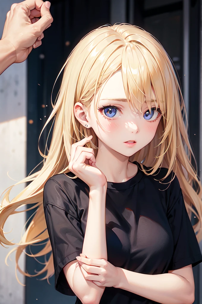 European girl portrait,alone,20-year-old,Beautiful Face,Upper Body,Hair on one eye,Medium Sidecut, Blonde, Sharp focus,Black T-shirt、Tight Skirt、High heels、Highest quality、masterpiece、masterpiece