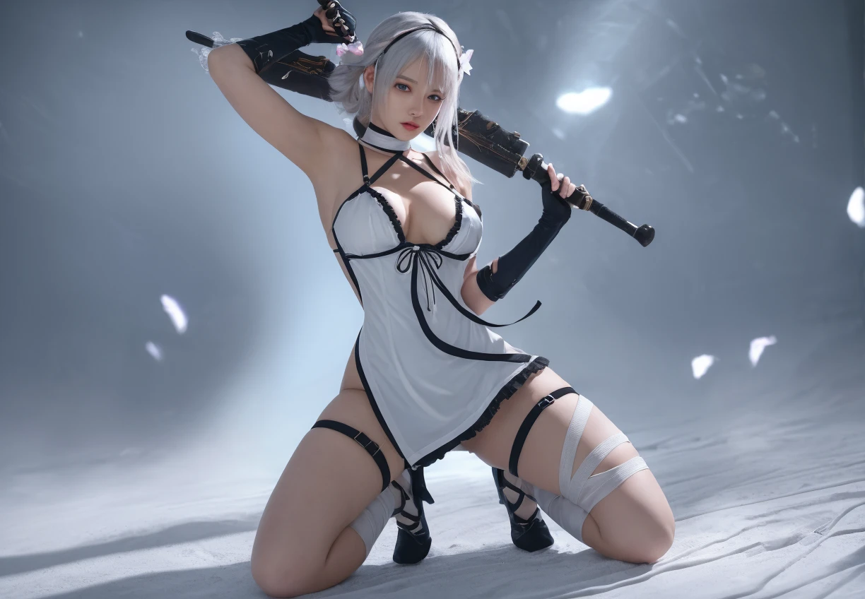 a mature woman with long gray white hair, naked body, bright purple eyes, big breasts, perky thighs,, smooth body. Japan style, sword blade


 colorful, hdr, ray tracing, nvidia rtx, super-resolution, unreal 5, subsurface scattering, pbr texturing, post-processing, anisotropic filtering, depth of field, maximum clarity and sharpness, rule of thirds, 16k raw, (luminescent particles:1.4), extremely detailed cg, unity 8k wallpaper, 3d, cinematic lighting, lens flare, reflections, sharp focus, cyberpunk art, realistic, highly detailed CG illustration, an extremely delicate and beautiful, cinematic light, (photorealistic:1.5), (Dark background:1.5), dynamic angle, masterpiece, best quality, ultra-detailed, illustration, detailed light, dramatic_shadow, face shadow, extra detailed, best performance