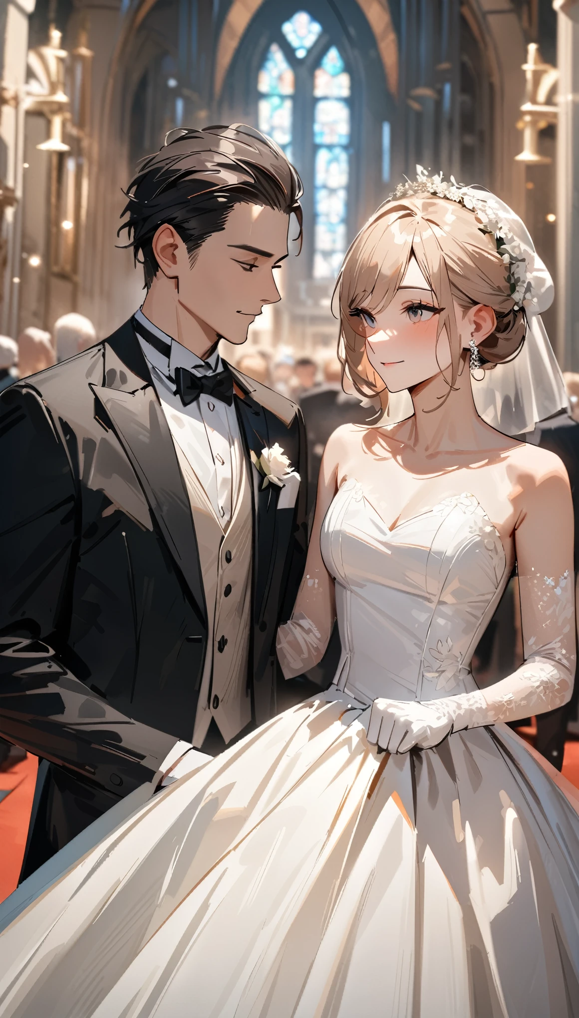 masterpiece , modern, Verism, masterpiece, super detail, best quality, 4K ,(head shot), Male and female couple standing side by side,a woman,Wedding dress, a man ,tuxedo,church,wedding,Happy atmosphere