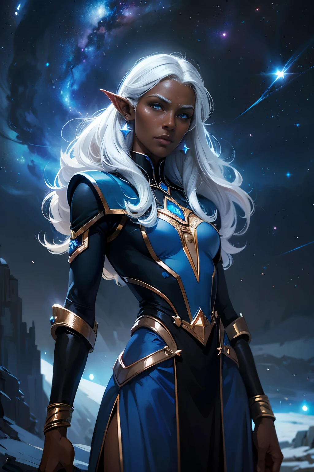 allura, blue eyes, white hair, pointed ears, dark skin, dark-skinned woman, mark on the face, elf, dark elf, jewelry, earrings, loose hair, outdoors, space, starry sky, galaxies, looks at the viewer, cowboy shot, solo, dutch angle,