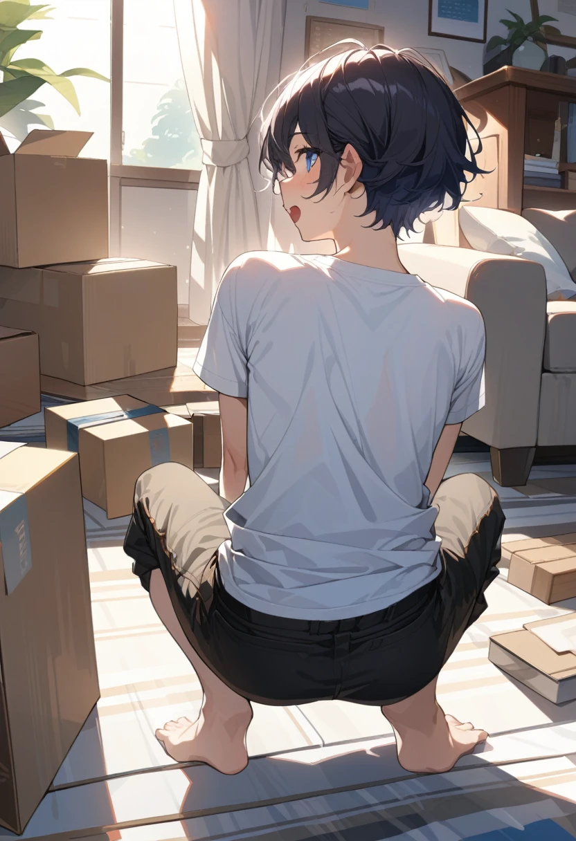 masterpiece, best quality, extremely detailed, ultra detailed, flat anime, 2D, 
((1boy)),black hair, (short hair:1.5),blue eyes, height 1.7meters, (circle eyes:1.2), (young adult:1.2), Ear-length sideburns, 
long Sleeves, White T-shirt, barefoot, ((short sleeves)), ((long pants)), 
squatting, looking back, open mouth,  
summer, 12AM, livingroom,organizing the boxes.,