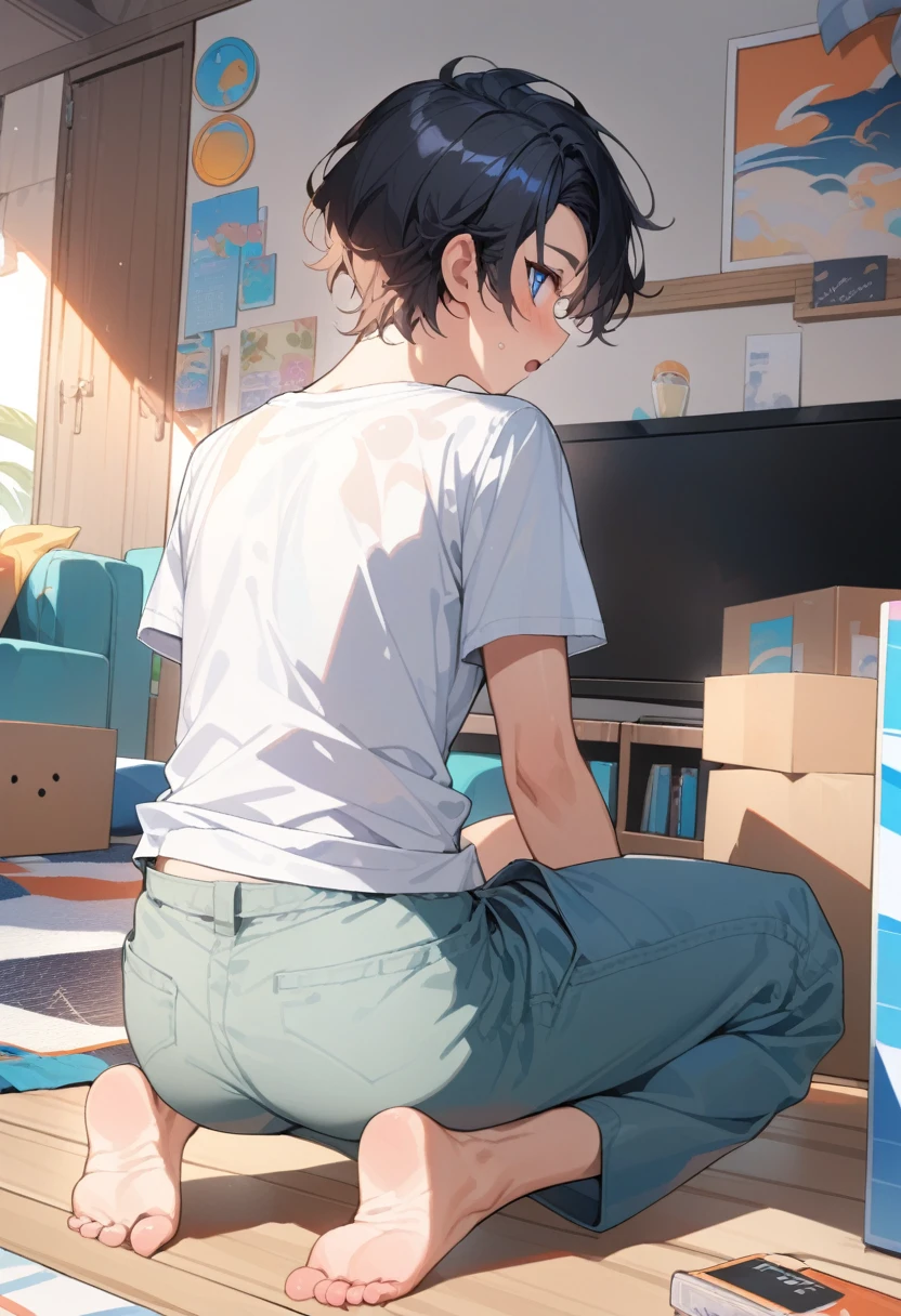 masterpiece, best quality, extremely detailed, ultra detailed, flat anime, 2D,
((1boy)),black hair, (short hair:1.5),blue eyes, height 1.7meters, (circle eyes:1.2), (young adult:1.2), Ear-length sideburns,
long Sleeves, White T-shirt, barefoot, ((short sleeves)), ((long pants)),
squatting, looking back, open mouth,
summer, 12AM, livingroom,organizing the boxes.,