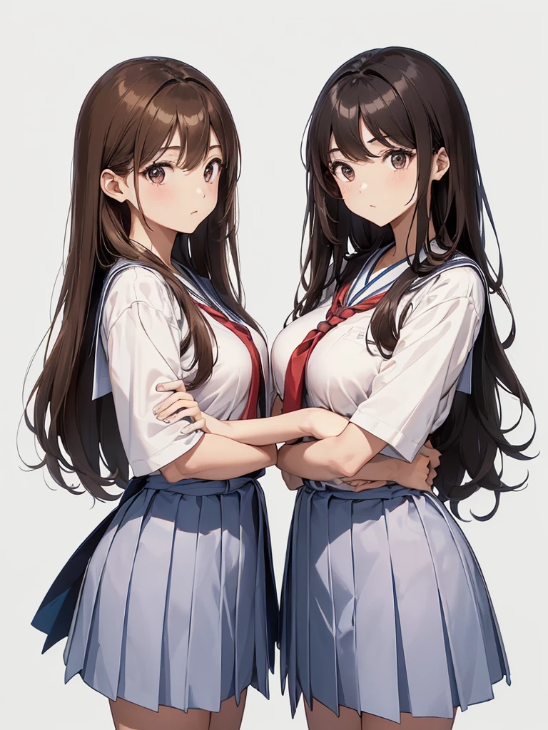 high quality, anime, whole body, Two women ((Japanese, Narrow space between the eyes, Big slant eyes, Small Nose, Brown Hair, Medium long wavy hair, very tall, medium Breasts, thin, school uniform) and (Japanese) , cute, thin eye, cool eyes, Small Nose, Black Hair, Straight long hair, small Breasts, thin, school uniform)), (No background:1), ((Plain white background:1)), standing next to each other with arms around waist, fun, ((25-years-old:1.5))