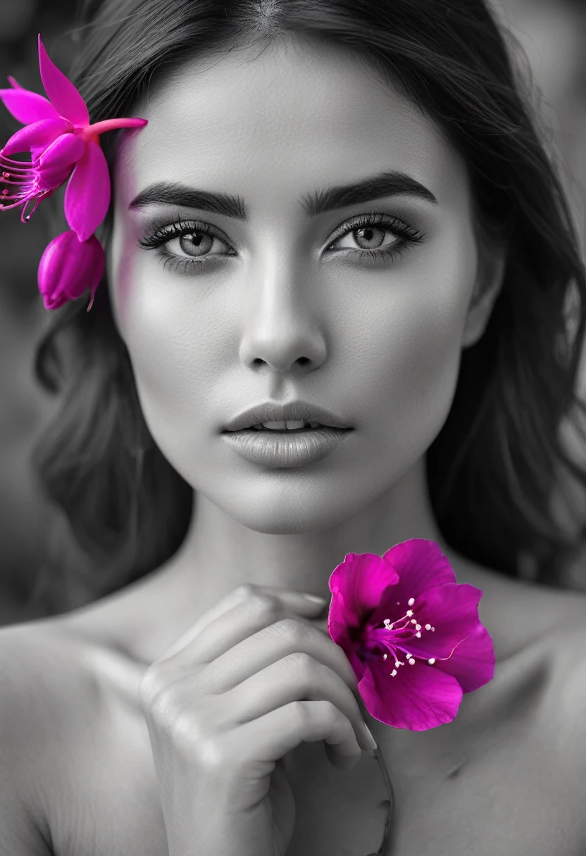 A black and white photo in raw format, zooming in on the intricate details of a woman's face, revealing her delicate skin and her expressive eyes. Frame the shot with a solitary striking colorful Fuchsia flower, delicately held in the woman's hand, adding a touch of softness and femininity to the composition, enhancing the dramatic contrast and textures of the monochrome image.