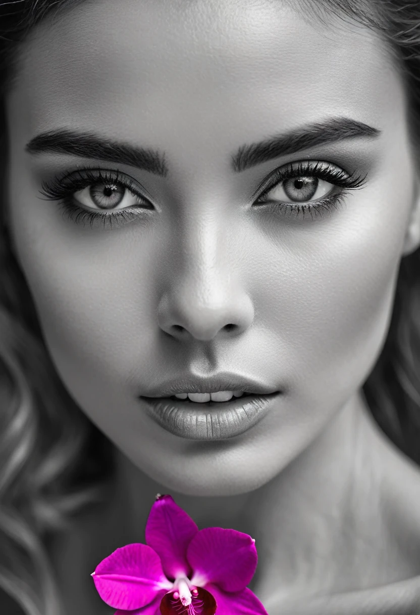 A black and white photo in raw format, zooming in on the intricate details of a woman's face, revealing her delicate skin and her expressive eyes. Frame the shot with a solitary striking colorful Fuchsia flower, delicately held in the woman's hand, adding a touch of softness and femininity to the composition, enhancing the dramatic contrast and textures of the monochrome image.
