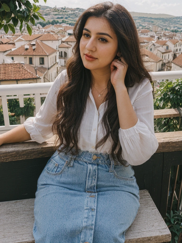 Caseyli, 1girl, solo, 30 years old, (((Georgian face))), (((Georgian nose))), (((Georgian lips))), ((((chubby)))), (((wide hips))), (((dark blonde hair))), wavy medium hair, wearing stylish Generation Z wear, ((Background: overlooking a café in a village square))