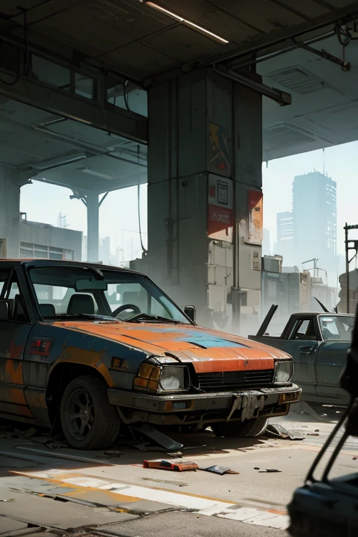 Deserted cyber punk city with pieces of scrap metal and broken cars