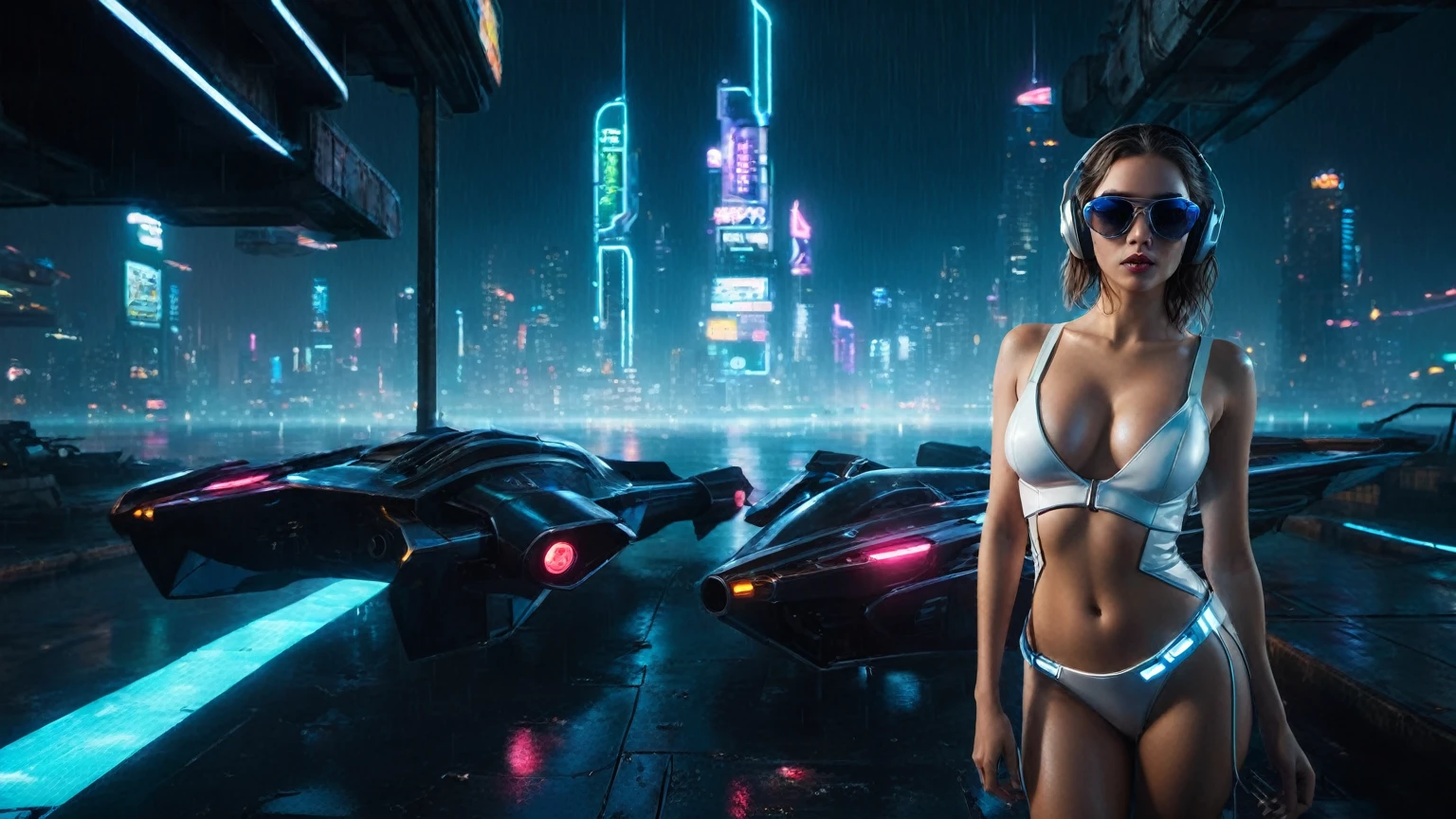 (aerial view, a flying cars docking platform, a very dark abandoned futuristic city, neon lights), rainy night. 1girl, solo, alone, large-breast:1.2 slim body, cleavage:1.1, sexy wind blowing wet dress:1.4, (headphone, black sunglasses), (((((she raised:1.8 a pistol:1.8 and took aim at viewer))))), dynamic pose, (((half-body thigh level medium shot))), cinematic lighting, lens flare, ray tracing.