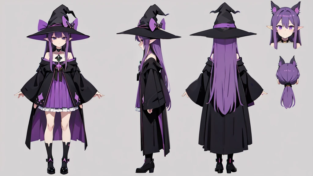 Anime girl with long purple hair and black robe. Witch hat. Pointy ears. Cute as a cartoon. Back view. Full body facing backwards. The whole body is visible.