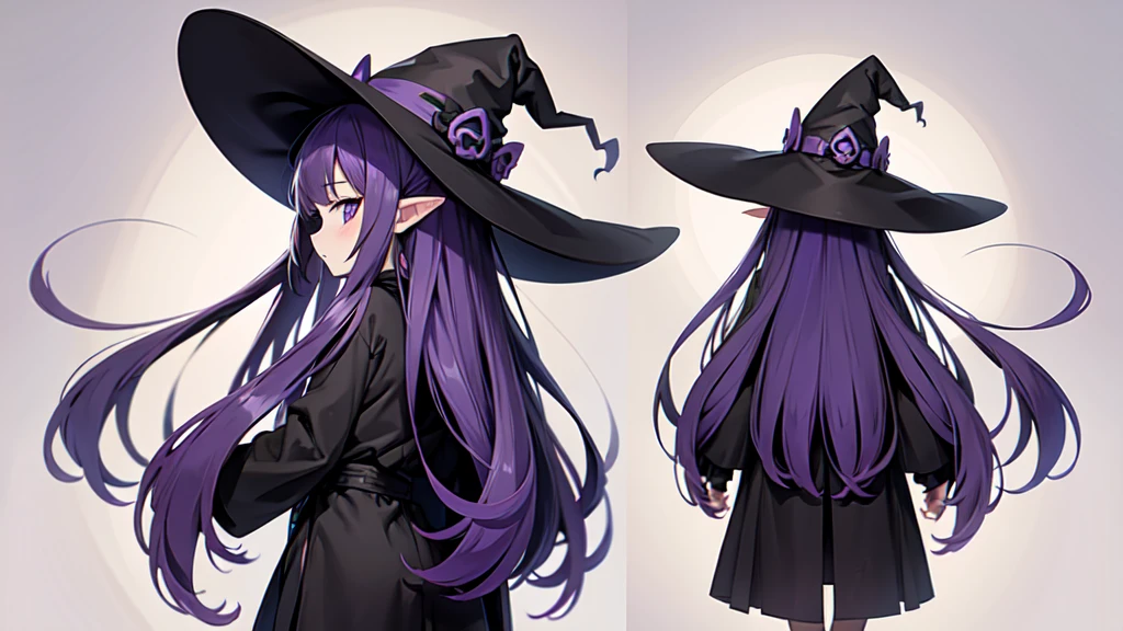 Anime girl with long purple hair and black robe. Witch hat. Pointy ears. Cute as a cartoon. Back view. Full body facing backwards. The whole body is visible.