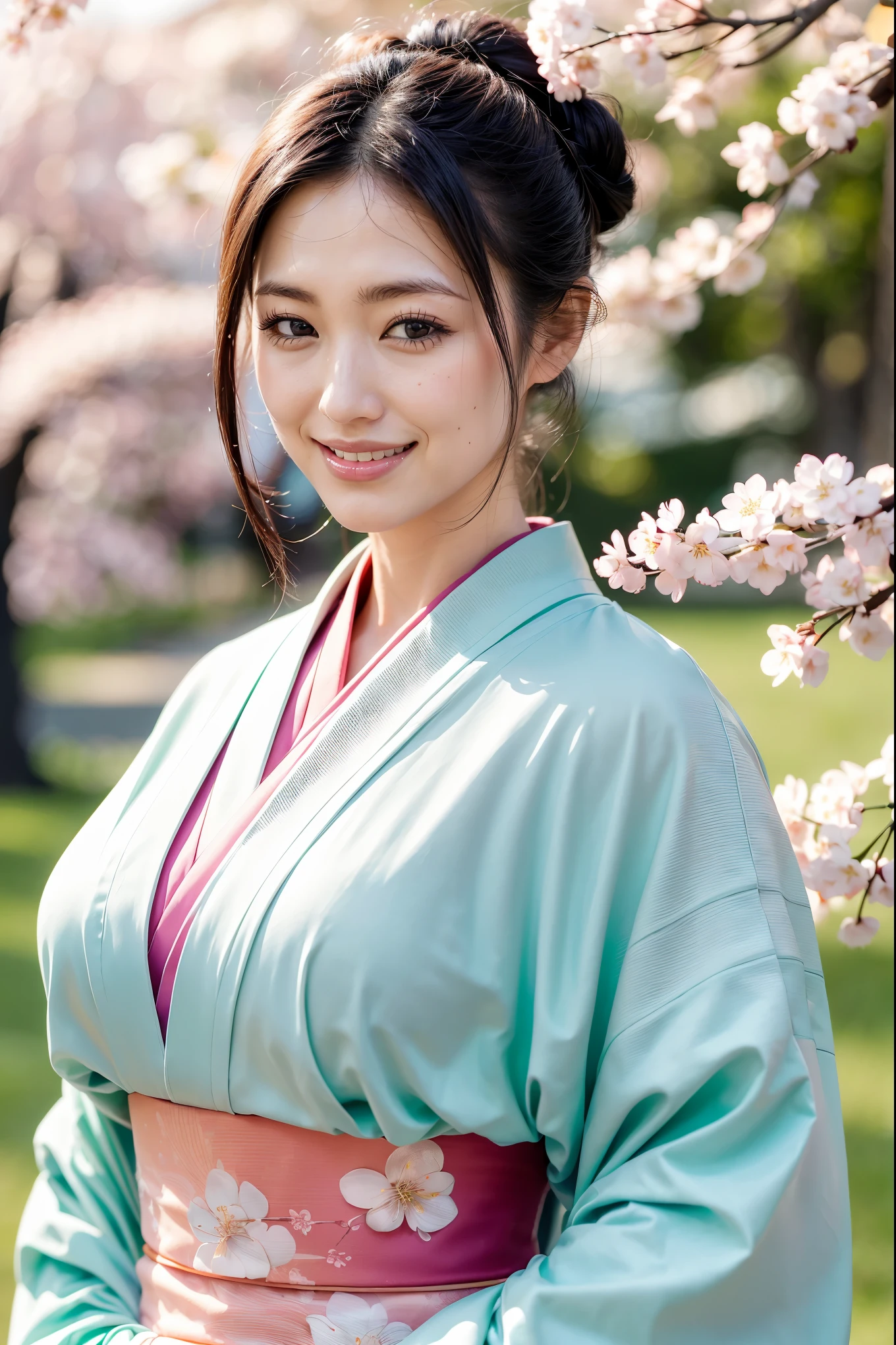 (Highest quality、Tabletop、8k、Best image quality、Award-winning works)、(一人のbeautiful成熟した女性:1.1)、Adult face、(Innkeeper:1.1)、(上品な花柄がbeautiful最高級着物:1.2)、(A kimono with a perfect and precise collar:1.2)、Perfect mature woman portrait photo、Glowing Skin、Standing Elegantly、(Strongly blurred cherry blossom park background:1.3)、(Strongly blurred background:1.2)、Glowing Skin、とてもbeautiful肌、(Accentuate your body lines:1.1)、(The most graceful posture:1.2)、(Large Breasts:1.2)、(Voluptuous body:1.3)、A perfect smile、完璧なbeautiful光沢のある唇、(Accurate ???????:1.2)、(A perfect and elegant outfit:1.1)、(Standing with good posture:1.1)、(beautiful, Elegant and high-quality patterned kimono:1.2)、、(完璧で自然なbeautiful袖:1.2)、(完璧で自然なbeautiful首輪:1.2)、(完璧で自然なbeautiful袖:1.2)、(Elegant and high-quality patterned kimono帯:1.4)、(The perfect wide belt:1.2)、(完璧で自然なbeautiful着物帯:1.1)、(Hair Bun:1.3)、(Face close-up:1.5)、(Look at me and smile:1.2)
