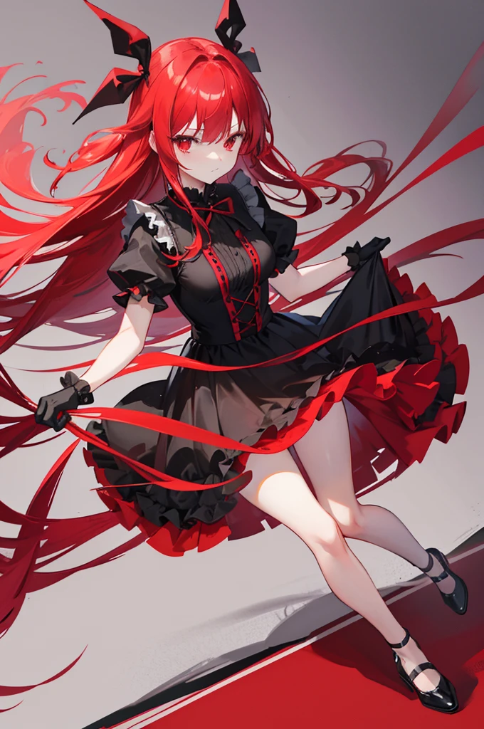 red hair, long straight hair, red eyes, red ruffle dress, black trim on dress, black gloves and shoes, big black ribbon above head, have no bangs