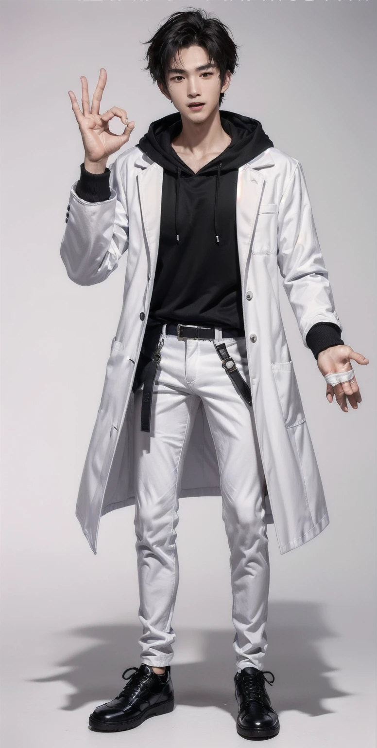 (OK Sign.:1.7),(photorealistic:1.2), (high detail face:1.3), (high detail hands:1.3), (anatomically correct hands:1.2), handsome young asian man, Japanese idol style, short clean-cut hair, ((center part)), (crisp white lab coat:1.3), ((black hoodie underneath:1.2)), (black pants:1.2), (black shoes:1.2), (enthusiastic expression:1.3), ((explain pose:1.4)), (both arms raised:1.3), (clenched fists:1.3), (energetic stance:1.2), plain white background, mid-shot portrait, full body view, high quality, detailed, 8K, (realistic skin texture:1.2), (sharp focus:1.1), (contrast between white coat and black clothing:1.2)