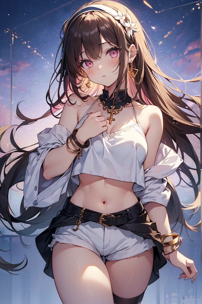 ((girl kawaii)), ((a extremely delicate and beautiful girl)), ((beautifully painted, super fine illustrations)), (from below), (stomach), hand up, tattoo, Perfect body, (woman), (young), lowing long hair, light brown hair, streaked hair, beatiful detailed hair, Beautiful face, (complex details beautiful and delicate eyes), Slightly open mouth, Delicate arms and hands, large breasts, (Bare navel), thighs, pink eyes, white skin, chain storm, hairband, earrings, cross necklace, golden bracelet, ice cream, sleeveless shirt, short shorts, overexplosure, crop top, white Clothes, (outdoors), (skyscraper), (blue sky), reflection light, very detailed light, (((best quality))), (((wallpaper 8k CG,))) masterpiece,