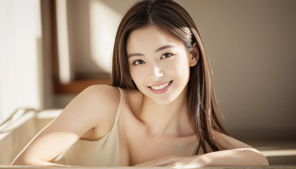 masterpiece, realistic, photorealistic, best quality, beautiful detailed, natural lighting, sharp focus, depth of field, slim body, abs:1.2, cleavage, best quality real texture skin, Detailed beautiful delicate face and eyes, beautiful Japanese young woman, eyes open, looking at viewer, best quality real texture skin, Detailed beautiful delicate face and eyes, double eyelid, smile:1.2, white teeth:1.2, very short straight brown hair,