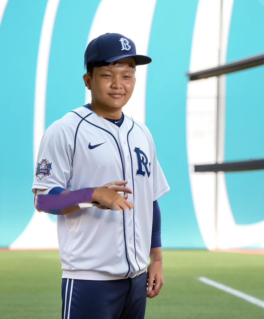 masterpiece, best quality, movie The baseball outfit consists of a classic white jersey with blue pinstripes, button-down front, and the team's logo emblazoned on the chest. The player's number is prominently displayed on the back in bold blue digits. The jersey is paired with matching white pants, also featuring blue pinstripes, and a navy blue belt. The outfit includes a blue baseball cap with the team logo on the front and a curved brim. Completing the ensemble are white knee-high socks with blue stripes and sturdy cleats designed for optimal grip on the field. Optional accessories include a pair of batting gloves and a lightweight windbreaker for cooler weather.
Background:
The background depicts a vibrant baseball stadium filled with enthusiastic fans. The sun is shining brightly, casting a warm glow over the well-manicured grass field. The infield is a rich, reddish-brown dirt, contrasting with the lush green outfield. The stands are packed with spectators, many wearing team colors and waving pennants. Behind home plate, the scoreboard displays the current game stats, and the dugout is visible along the first and third baselines. Beyond the outfield fence, there's a backdrop of a city skyline, with tall buildings and a clear blue sky, adding to the excitement and grandeur of the baseball game