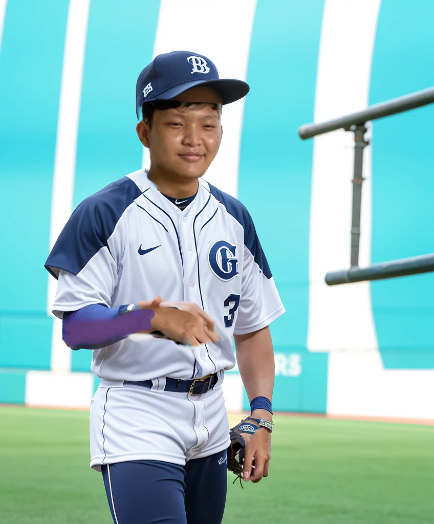 masterpiece, best quality, movie The baseball outfit consists of a classic white jersey with blue pinstripes, button-down front, and the team's logo emblazoned on the chest. The player's number is prominently displayed on the back in bold blue digits. The jersey is paired with matching white pants, also featuring blue pinstripes, and a navy blue belt. The outfit includes a blue baseball cap with the team logo on the front and a curved brim. Completing the ensemble are white knee-high socks with blue stripes and sturdy cleats designed for optimal grip on the field. Optional accessories include a pair of batting gloves and a lightweight windbreaker for cooler weather.
Background:
The background depicts a vibrant baseball stadium filled with enthusiastic fans. The sun is shining brightly, casting a warm glow over the well-manicured grass field. The infield is a rich, reddish-brown dirt, contrasting with the lush green outfield. The stands are packed with spectators, many wearing team colors and waving pennants. Behind home plate, the scoreboard displays the current game stats, and the dugout is visible along the first and third baselines. Beyond the outfield fence, there's a backdrop of a city skyline, with tall buildings and a clear blue sky, adding to the excitement and grandeur of the baseball game