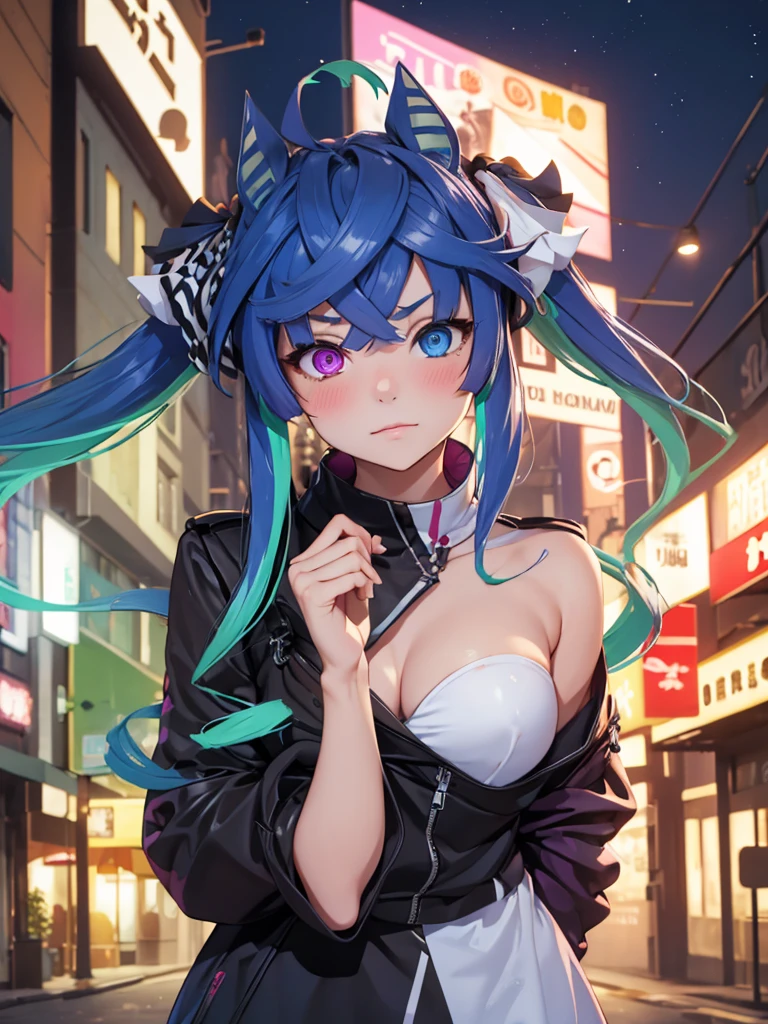 (Masterpiece, best quality, high res、highly detailed cg: 1), A foreign land where the language is not understood, a prostitute inviting with body language, both not understanding each other's words but the intentions are clear, she is using gestures and expressions, street at night, subtle lighting, exotic atmosphere. Twin_Turbo_Umamusume, aqua hair, twintails, heterochromia, purple eyes, blue eyes, small breasts,  (Blush, half closed eyes)