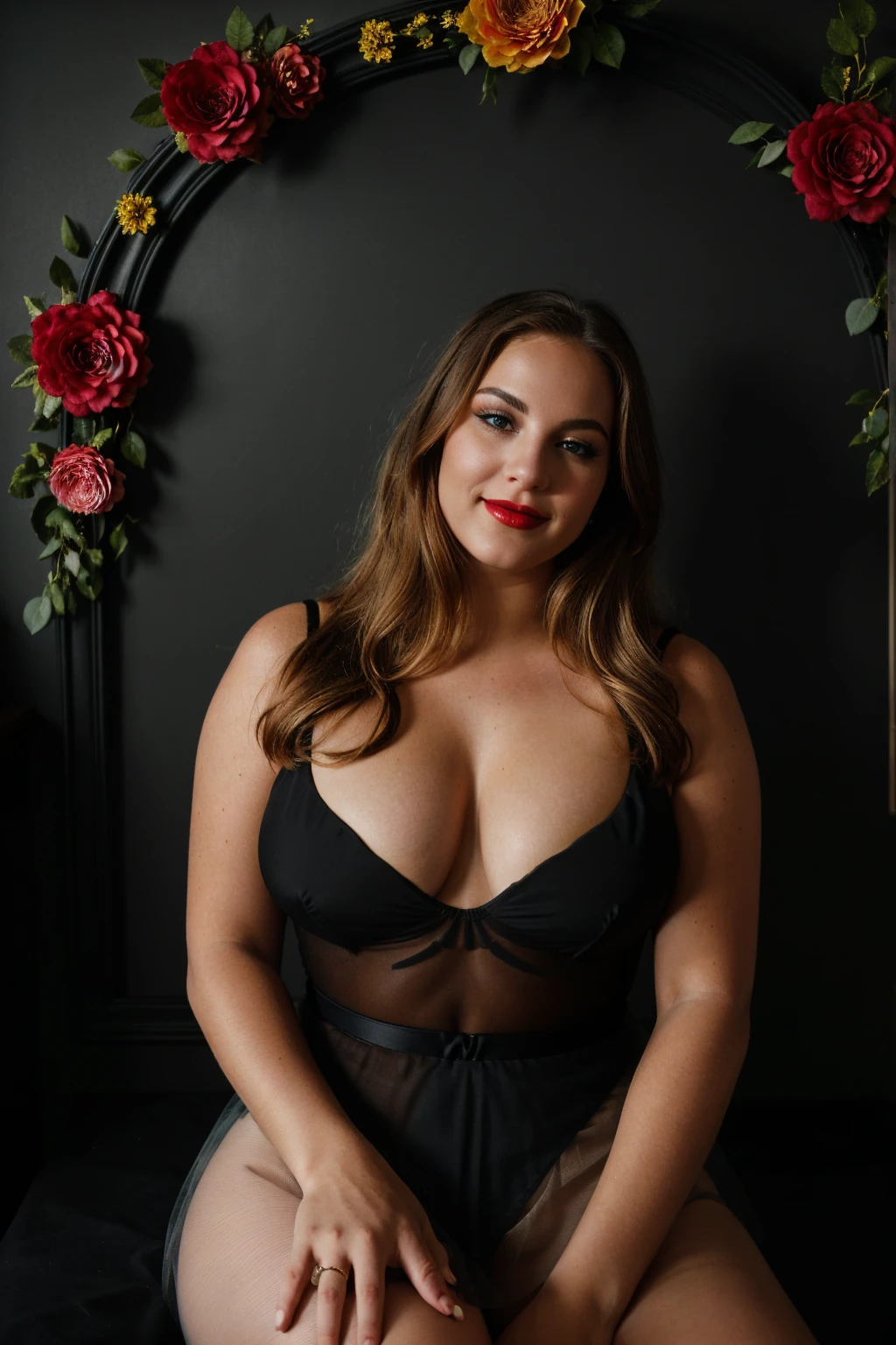 PROMPT 4.
Cinematographic still, A fine art photograph featuring a blonde curvy girl, {(18yo, bright blue eyes, soft makeup, puffy lips(bold red lips)+, long straight-blonde hair, huge heavy breasts, (very pale skin)+, wide hips).
Seated on a ornate-frame((Against a black-wall(simple black-background)-providing a striking contrast, that makes the colors of the flowers and her attire pop))natural flowers on the ornate frame, and she is holding a notebook(with her detailed hands).
(((Gracefully seated on a ornate-frame(the frame is lavishly decorated with vibrant floral arrangements(natural flowers))))). ((Her huge & heavy full breasts are Bursting in her vibrant daring attire:
She wears a delicate and tight attire(with a sheer thong leotard, and a thin tulle mini skirt))). Her long flowing hair frames her face beautifully(and she smiles gently),
Ensuring a balanced and aesthetically pleasing composition that draws the viewer's eye to the harmonious interplay of beauty and artistry.
The scene is captured on a faded film, reminiscent of a 35mm photo from decades past. The colors are desaturated, emphasizing the gloom.The overall effect is akin to the Kodachrome slides of yesteryears, with a touch of Lomography’s . It feels like found footage, capturing a moment frozen in time. The shadows are strong, concealing horrors. The lighting, a mix of hyper realism and backlight. The sharpness is almost painful, enhanced by a touch of HDR. The vignette creating a sense of confinement. This is a high-budget production, with every element meticulously crafted.