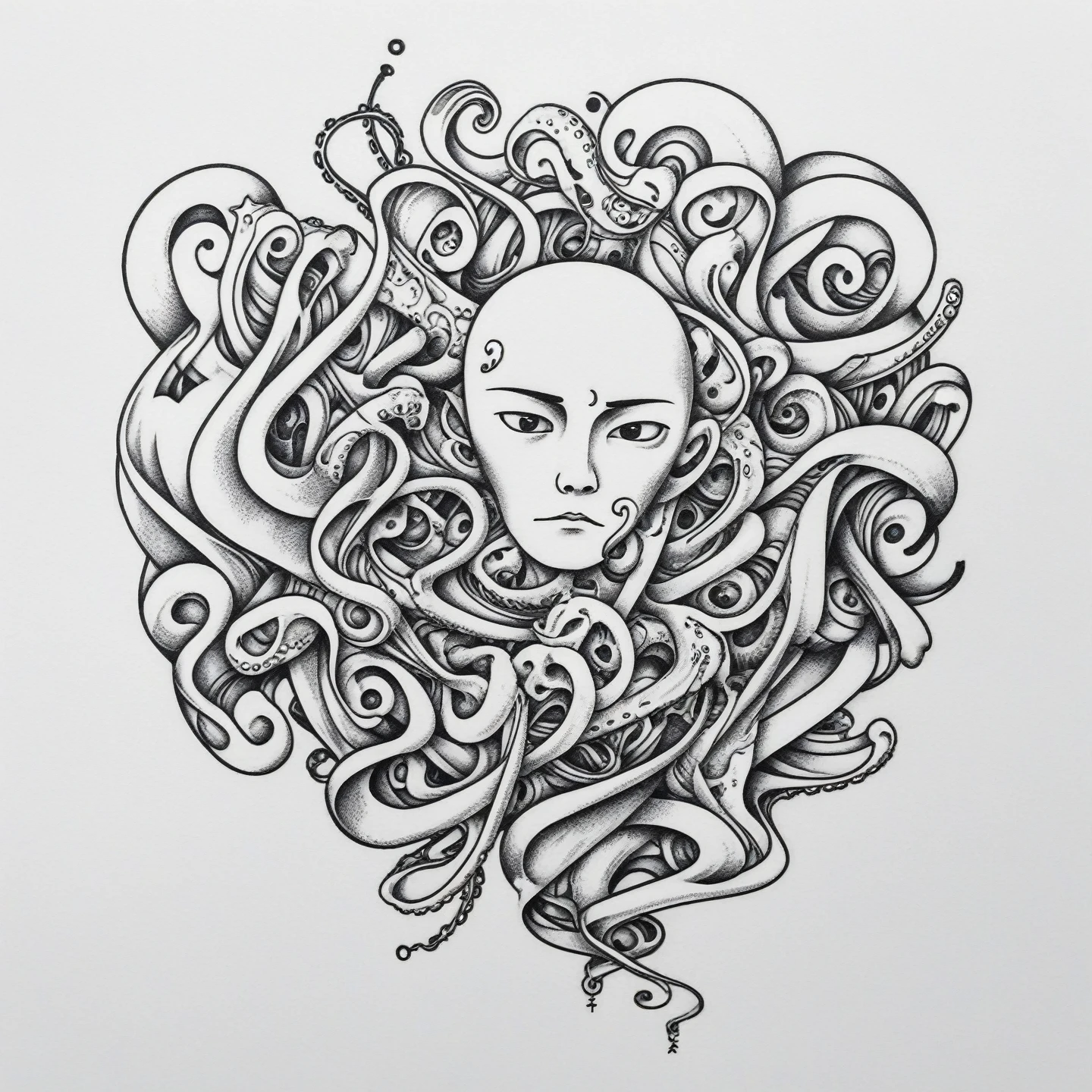 Human with octopus head logo, tattoo, line art Tanaka Ikko, fl4tstyle3, modernist.