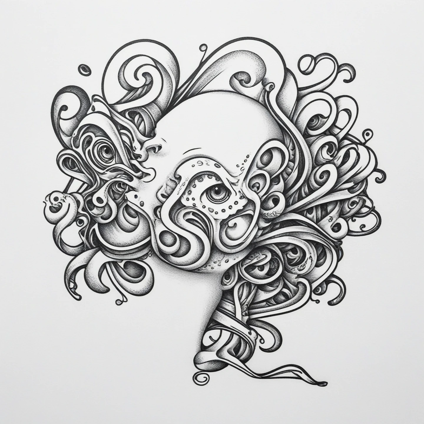 Human with octopus head logo, tattoo, line art Tanaka Ikko, fl4tstyle3, modernist.