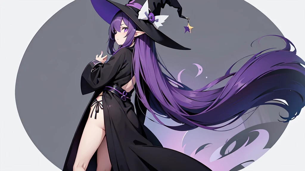 Anime girl with long purple hair and black robe. Witch hat. Pointy ears. Cute as a cartoon. Back view. Full body facing backwards. The whole body is visible.