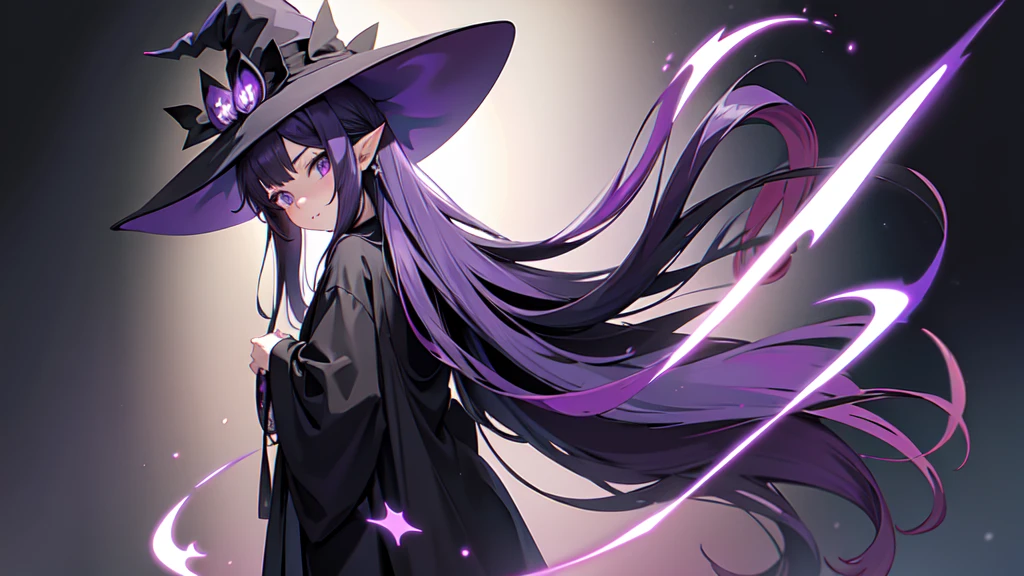 Anime girl with long purple hair and black robe. Witch hat. Pointy ears. Cute as a cartoon. Back view. Full body facing backwards. The whole body is visible.