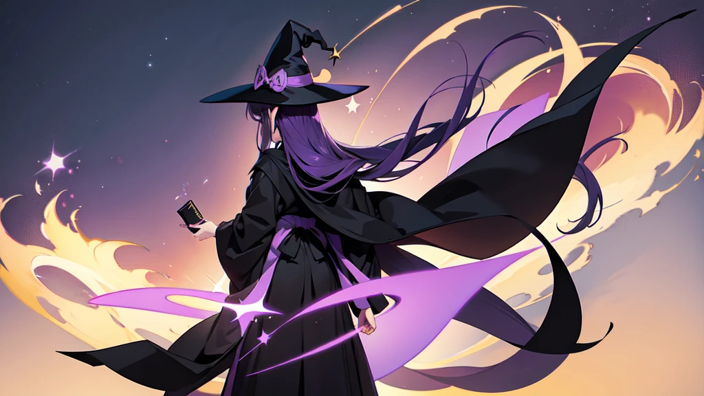 Anime girl with long purple hair and black robe. Witch hat. Pointy ears. Cute as a cartoon. Back view. Full body facing backwards. The whole body is visible.