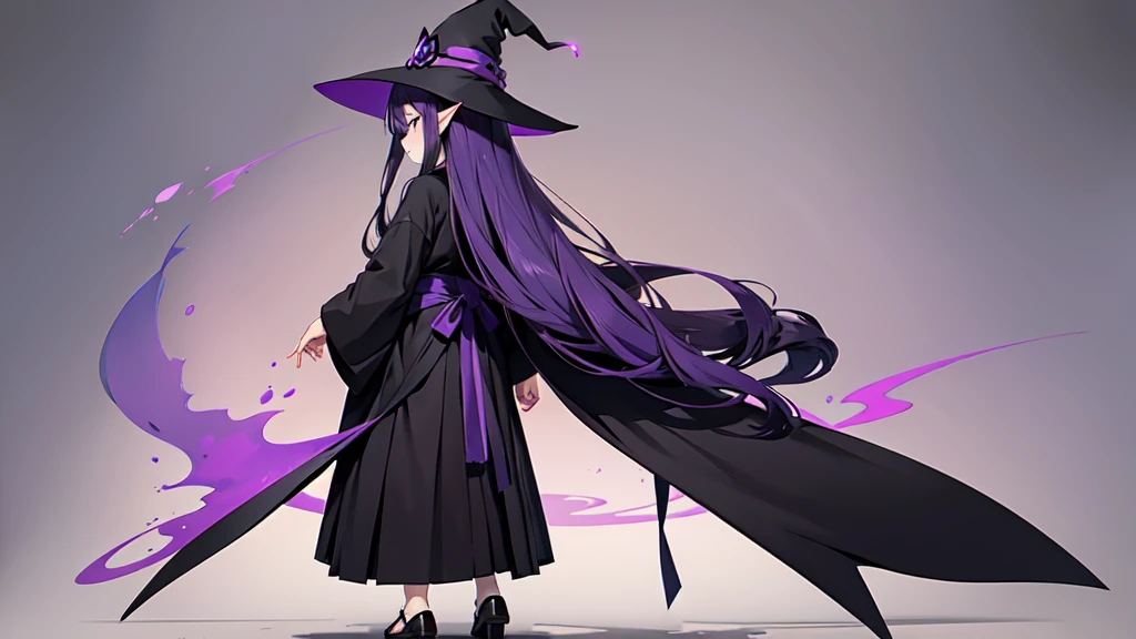Anime girl with long purple hair and black robe. Witch hat. Pointy ears. Cute as a cartoon. Back view. Full body facing backwards. The whole body is visible.