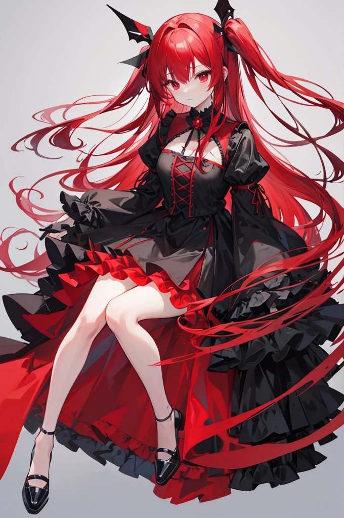 red hair, long straight hair, red eyes, red ruffle dress, black trim on dress, black gloves and shoes, big black ribbon above head, no bangs
