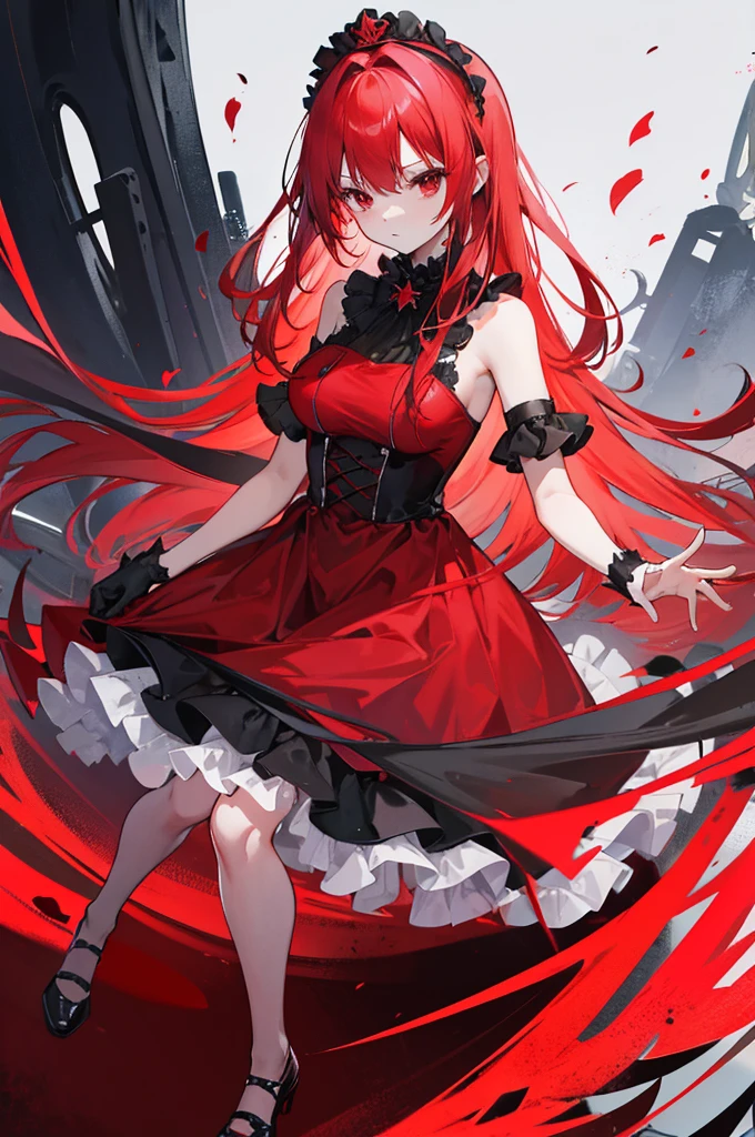 red hair, long straight hair, red eyes, red ruffle dress, black trim on dress, black gloves and shoes, big black ribbon above head, no bangs
