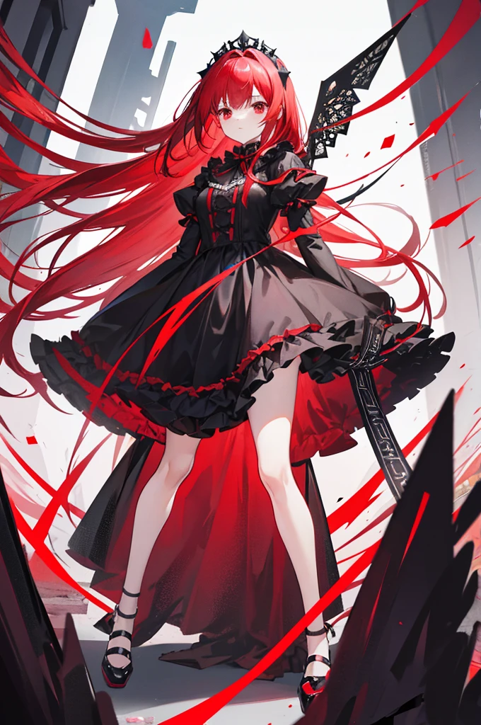 red hair, long straight hair, red eyes, red ruffle dress, black trim on dress, black gloves and shoes, big black ribbon above head, no bangs