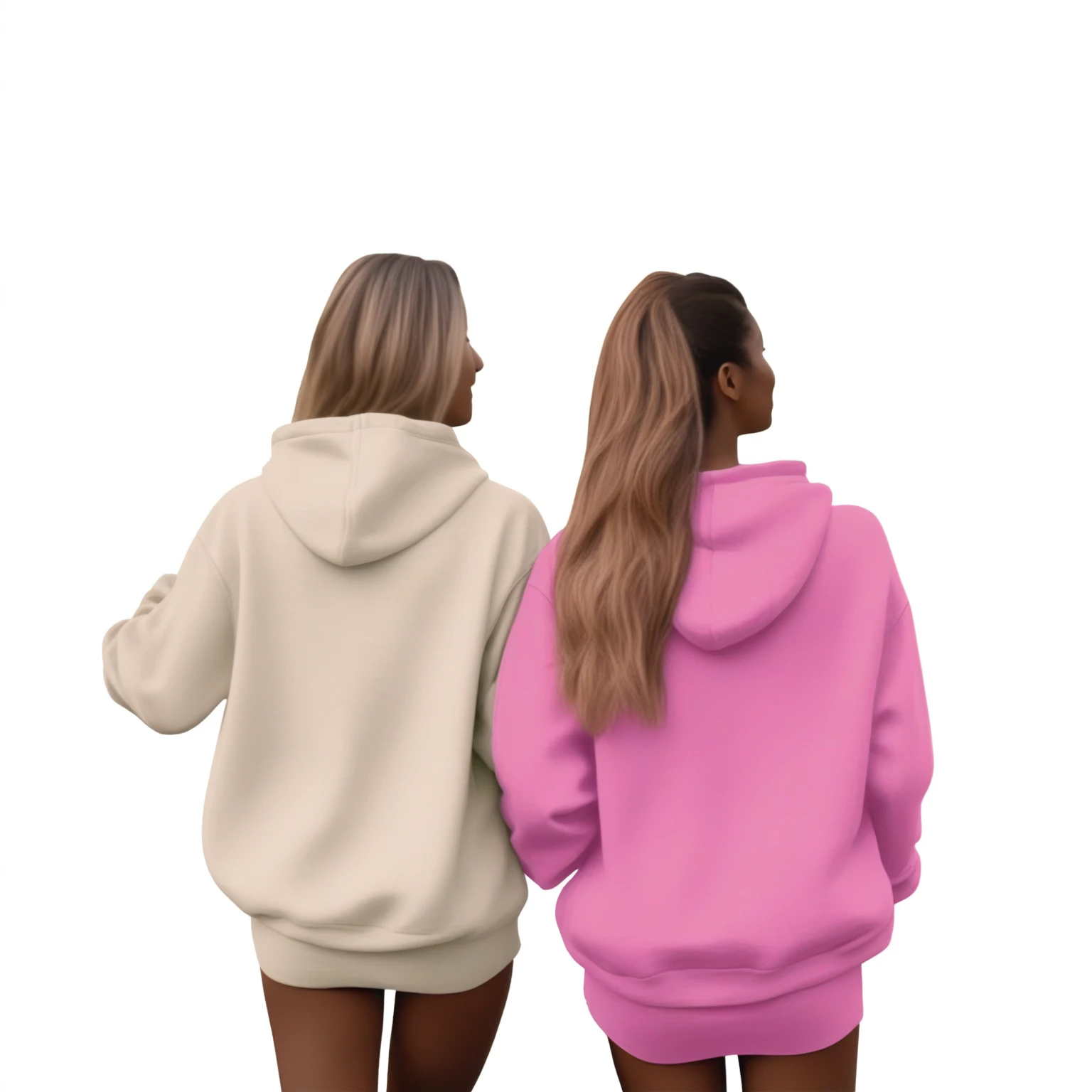 A photo of the back view of two women in a pink and beige colored oversized hoodie with short beatle hair style. Background: A photo of the park path lined with cherry blossom trees, taken from an angle that showcases their full bloom and delicate petals against a backdrop of blue sky and green grass. The pathway is well-maintained, leading to distant athletic areas or buildings in a city setting. This shot captures the beauty of spring blossoms in urban settings.