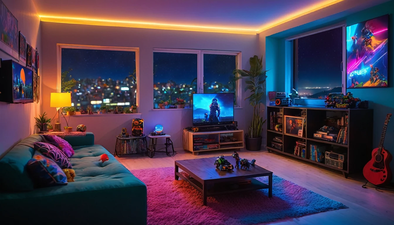 night time setting inside small apartment living room with big screen tv, neon lights games, action figures