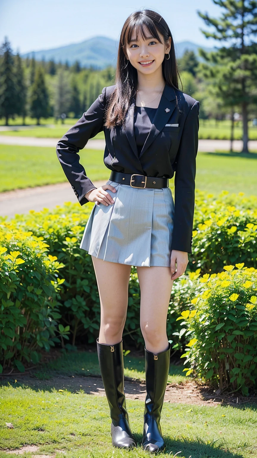 (8k、RAW Photos、Highest quality、masterpiece:1.2)、(Realistic、Realistic)、1 Girl、((suit、Black Mini Skirt、boots、garden、smile、View from the front、Looking at the camera、belt、Hands on your hips))、cute