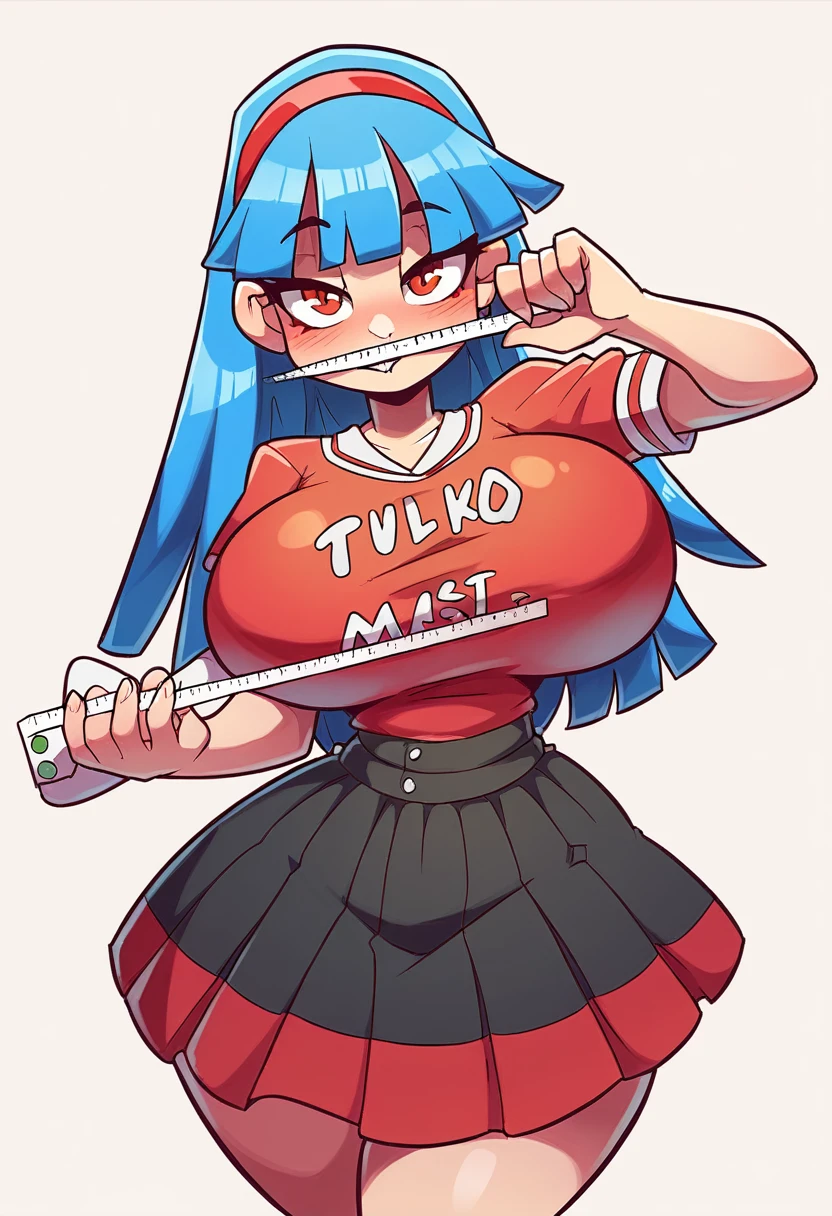 My name is Yukiko., I am a white test ,with light blue hair, red eyes and I am 138 cm tall and weigh 34 kg. My breasts measure 160 cm, my waist measures 20 cm and my hips measure 60 cm. Dressed in a pink blouse and short red skirt . With huge breasts 160 cm