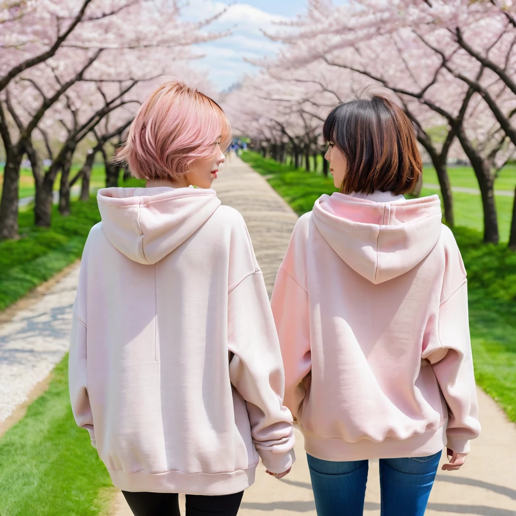 A photo of the back view of two women in a pink and sand colored oversized hoodie with short beatle hair style. Background: A photo of the park path lined with cherry blossom trees, taken from an angle that showcases their full bloom and delicate petals against a backdrop of blue sky and green grass. The pathway is well-maintained, leading to distant athletic areas or buildings in a city setting. This shot captures the beauty of spring blossoms in urban settings.