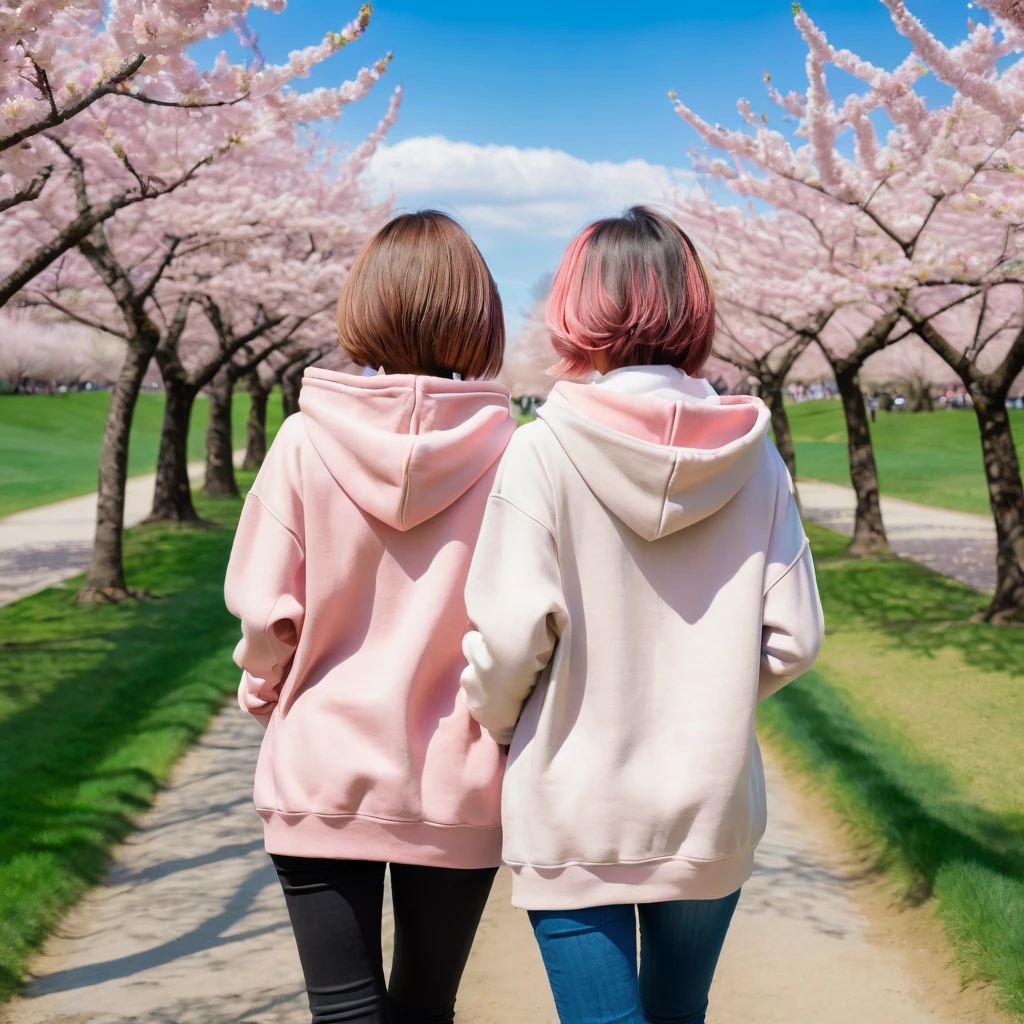 A photo of the back view of two women in a pink and sand colored oversized hoodie with short beatle hair style. Background: A photo of the park path lined with cherry blossom trees, taken from an angle that showcases their full bloom and delicate petals against a backdrop of blue sky and green grass. The pathway is well-maintained, leading to distant athletic areas or buildings in a city setting. This shot captures the beauty of spring blossoms in urban settings.